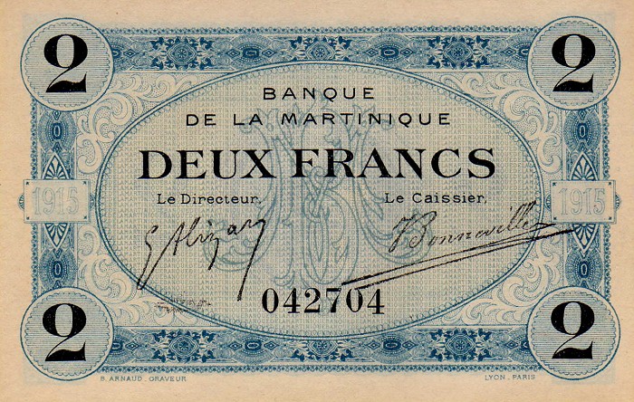 Front of Martinique p11a: 2 Francs from 1915