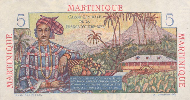 Back of Martinique p27a: 5 Francs from 1947