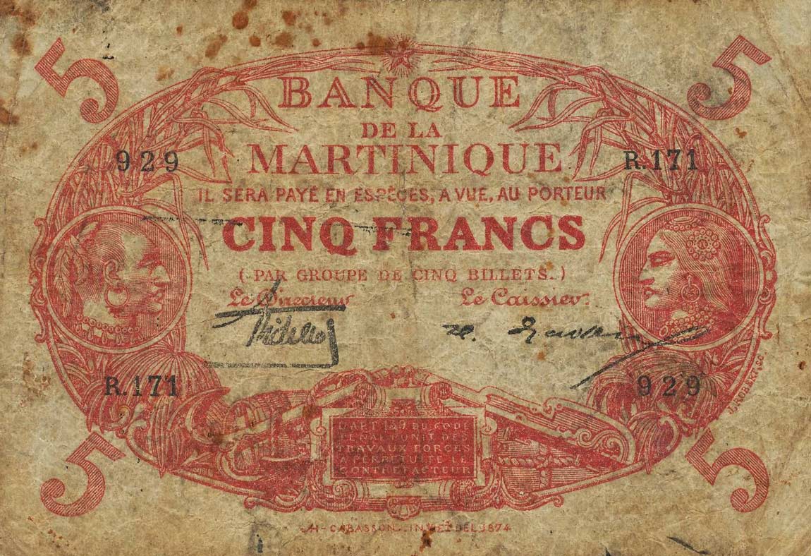 Front of Martinique p6A: 5 Francs from 1901