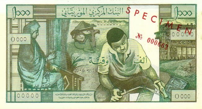 Front of Mauritania p3s: 1000 Ouguiya from 1973