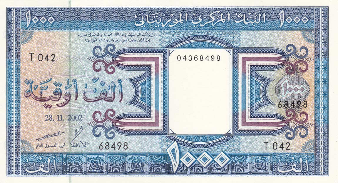 Front of Mauritania p9c: 1000 Ouguiya from 2002