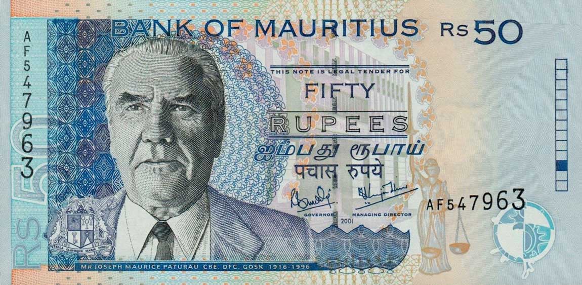 Front of Mauritius p50b: 50 Rupees from 2001