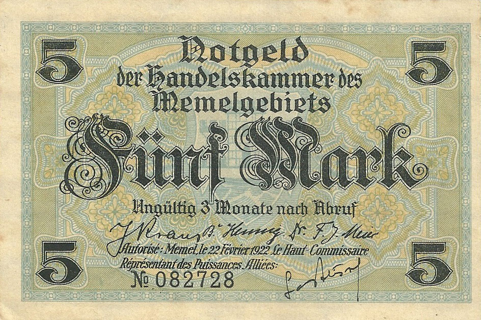 Front of Memel p4a: 5 Mark from 1922