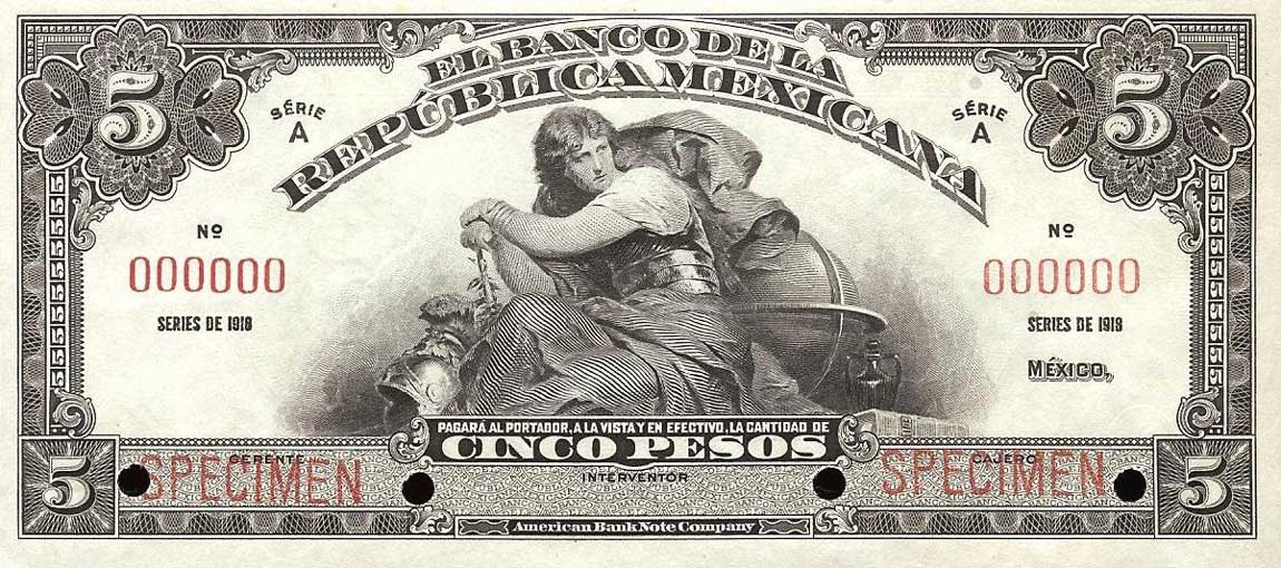 Front of Mexico p11s: 5 Pesos from 1918