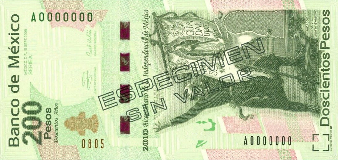 Front of Mexico p129s: 200 Pesos from 2008