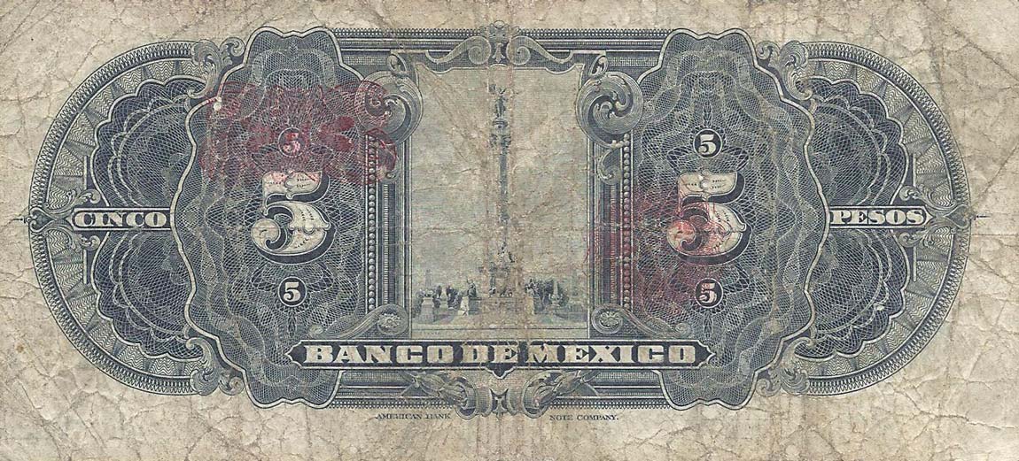 Back of Mexico p21a: 5 Pesos from 1925