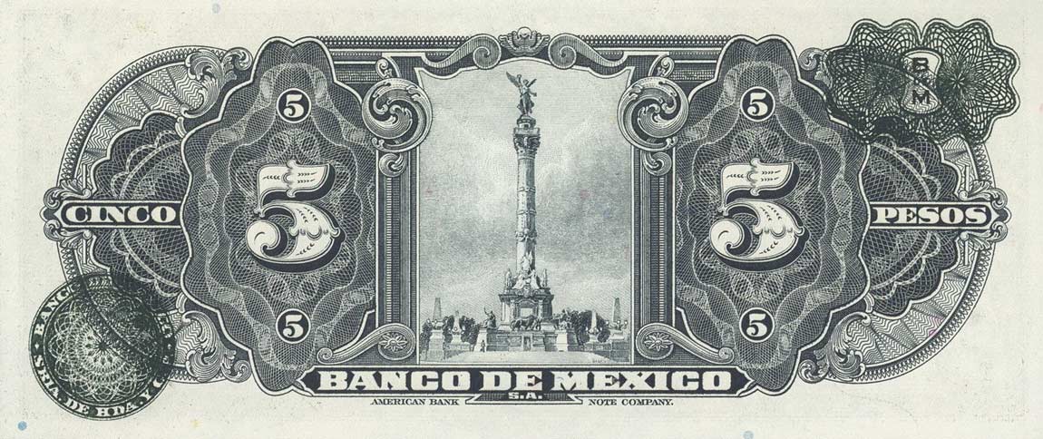 Back of Mexico p34e: 5 Pesos from 1943
