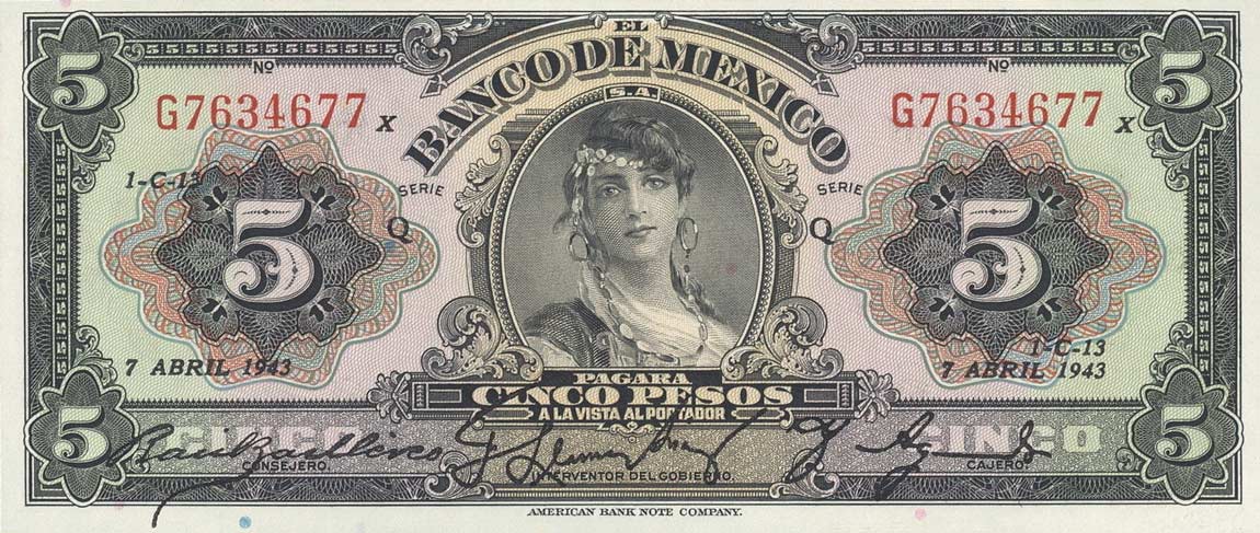 Front of Mexico p34e: 5 Pesos from 1943