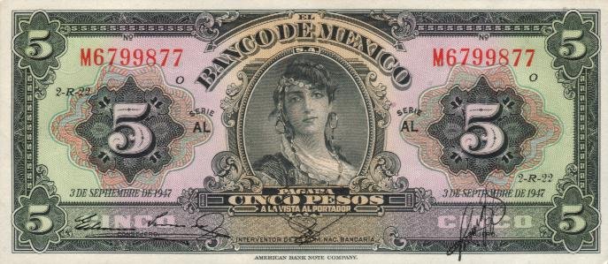 Front of Mexico p34i: 5 Pesos from 1947