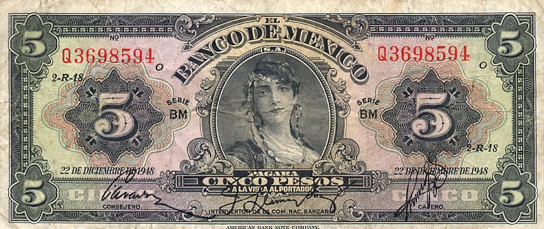 Front of Mexico p34k: 5 Pesos from 1949