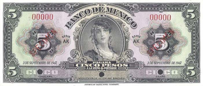 Front of Mexico p34s: 5 Pesos from 1937