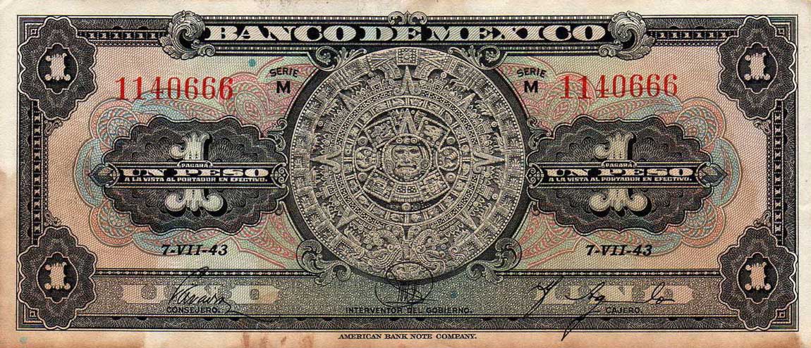 Front of Mexico p38a: 1 Peso from 1943