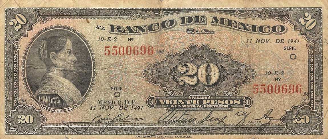 Front of Mexico p40c: 20 Pesos from 1941