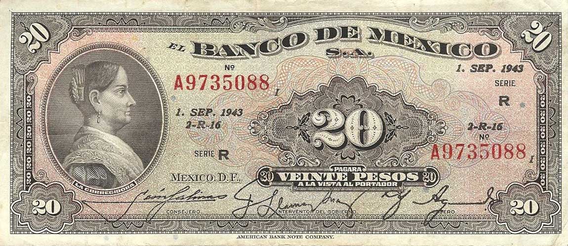 Front of Mexico p40g: 20 Pesos from 1943