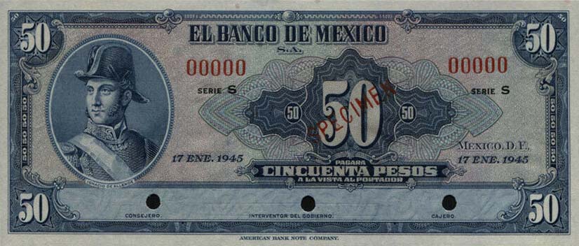 Front of Mexico p41s: 50 Pesos from 1941