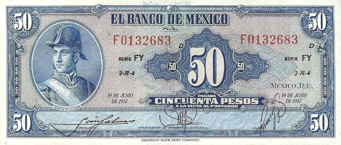 Front of Mexico p49i: 50 Pesos from 1957