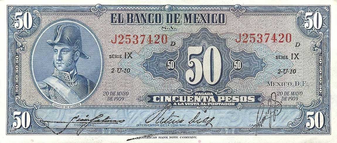 Front of Mexico p49l: 50 Pesos from 1959