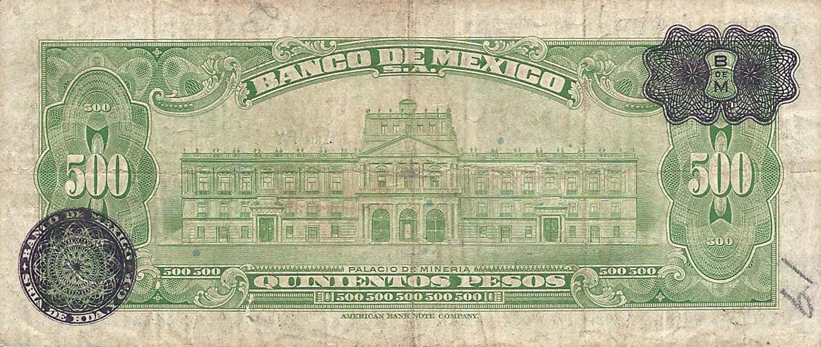 Back of Mexico p51g: 500 Pesos from 1957