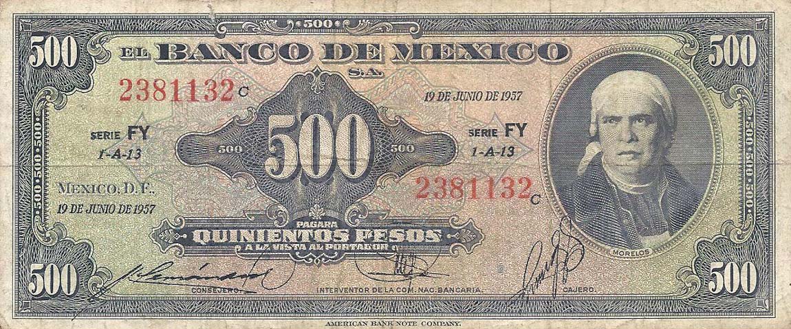 Front of Mexico p51g: 500 Pesos from 1957