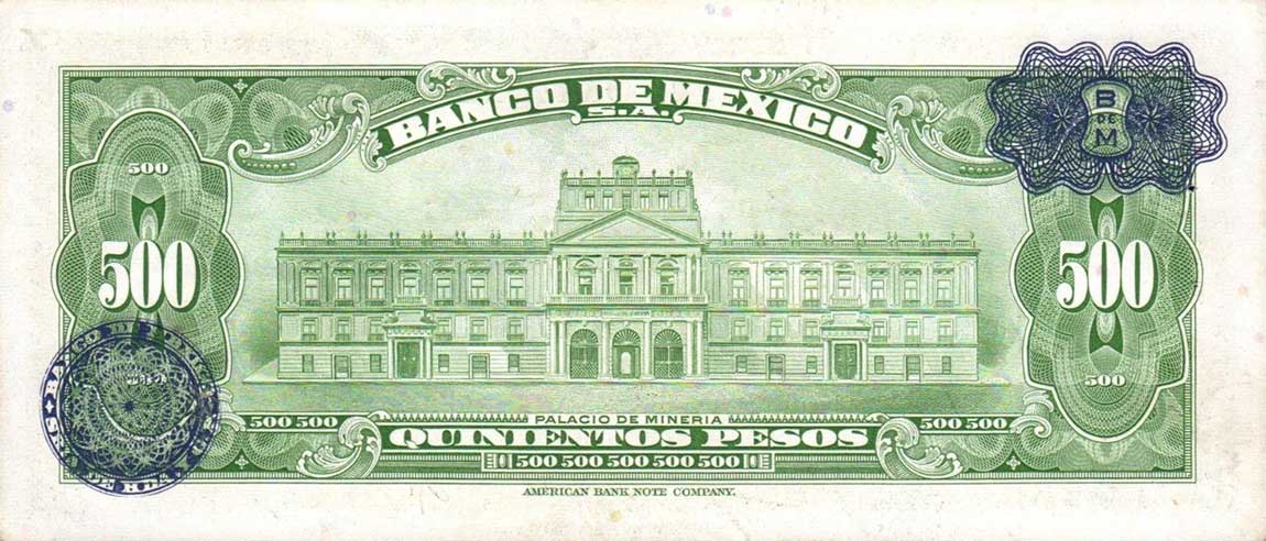 Back of Mexico p51j: 500 Pesos from 1959