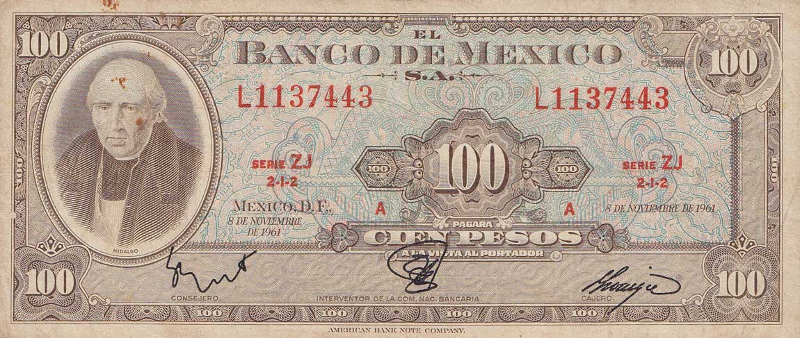 Front of Mexico p61a: 100 Pesos from 1961