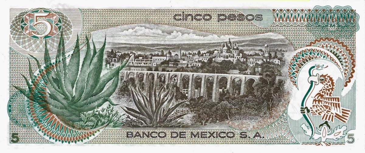 Back of Mexico p62a: 5 Pesos from 1969