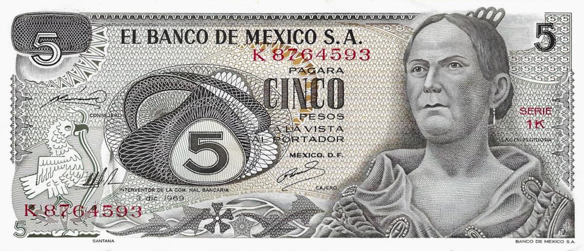 Front of Mexico p62a: 5 Pesos from 1969
