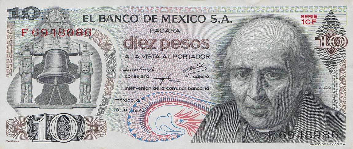 Front of Mexico p63f: 10 Pesos from 1973
