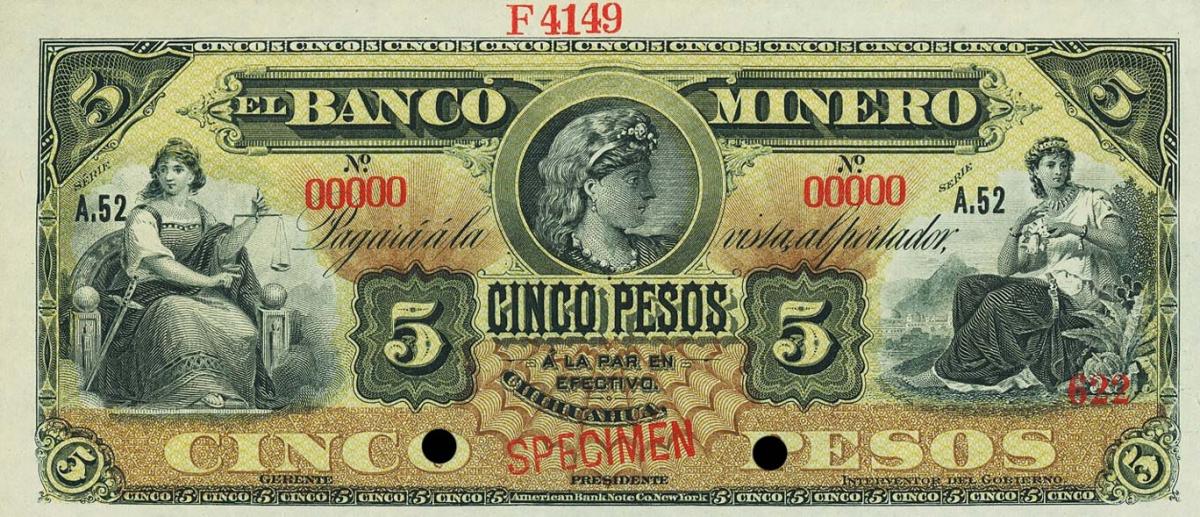 Front of Mexico pS163s2: 5 Pesos from 1888