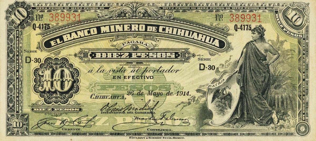 Front of Mexico pS186: 10 Pesos from 1914