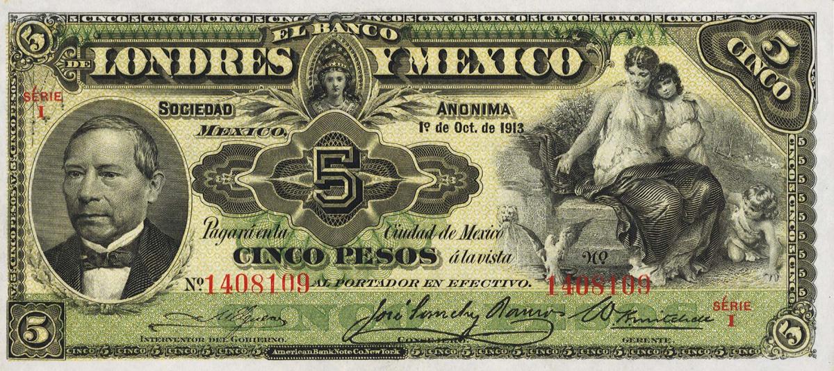 Front of Mexico pS233d: 5 Pesos from 1889