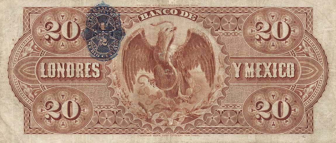 Back of Mexico pS235c: 20 Pesos from 1889