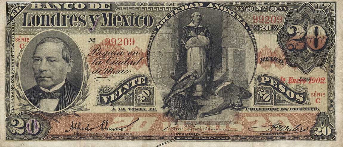Front of Mexico pS235c: 20 Pesos from 1889