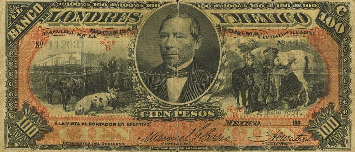 Front of Mexico pS237c: 100 Pesos from 1889