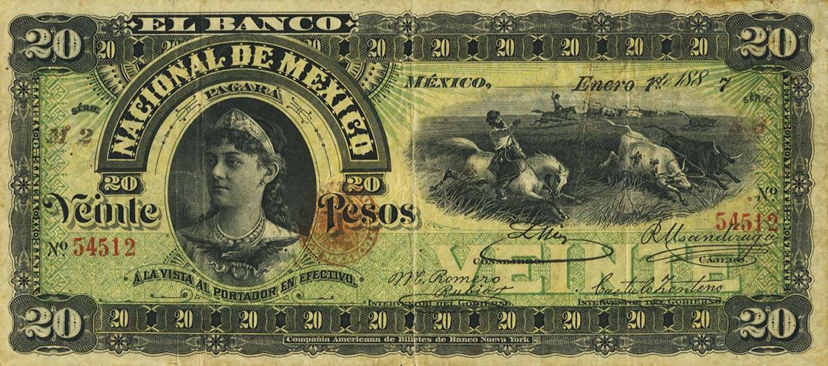 Front of Mexico pS259a: 20 Pesos from 1885