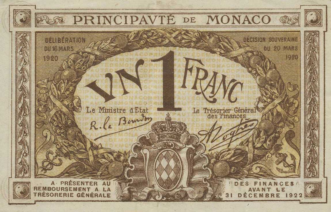 Front of Monaco p4a: 1 Franc from 1920