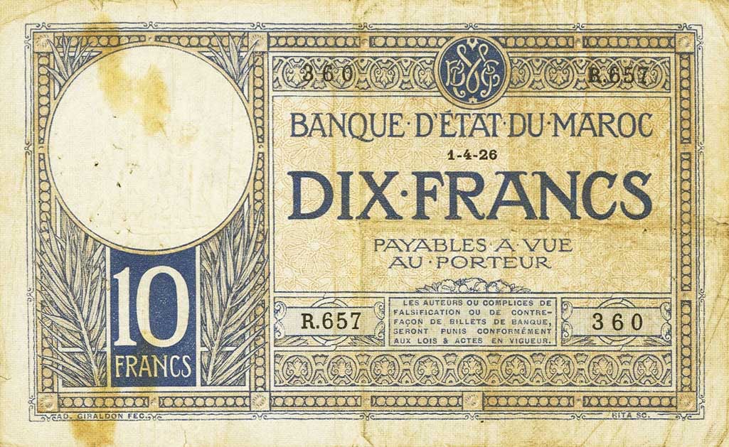 Front of Morocco p11b: 10 Francs from 1924