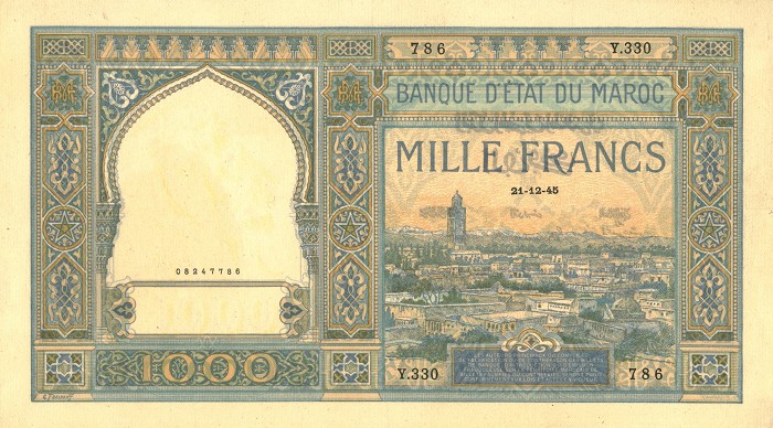 Front of Morocco p16c: 1000 Francs from 1937