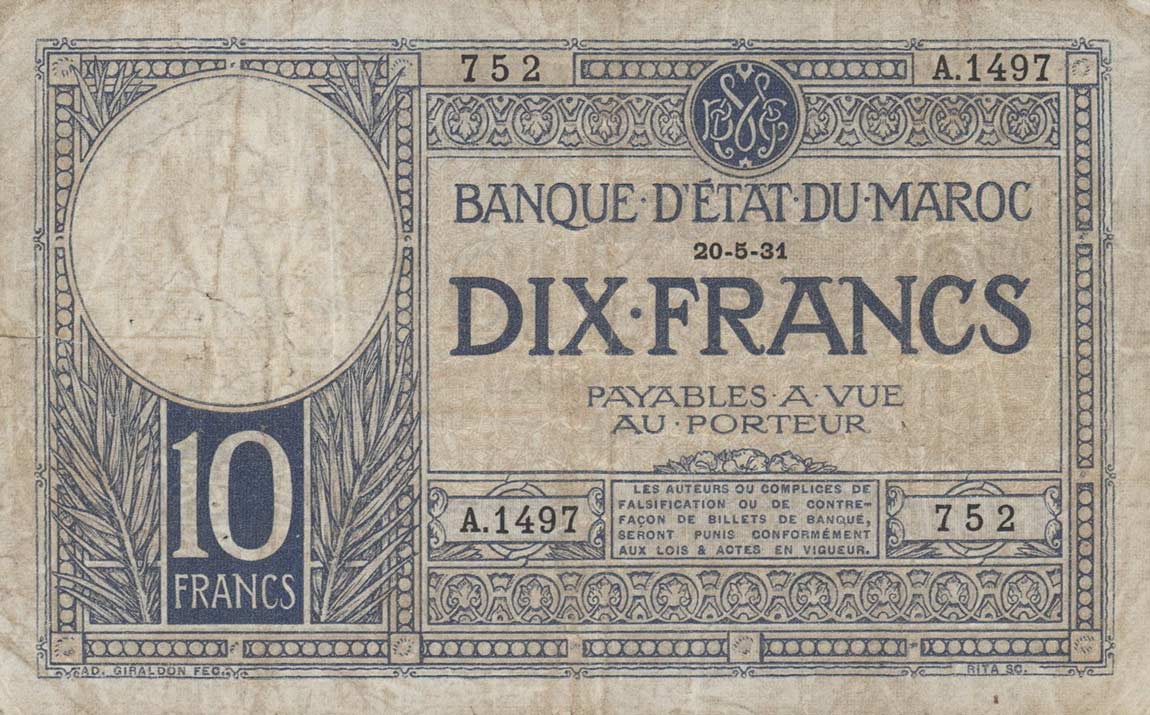 Front of Morocco p17a: 10 Francs from 1929