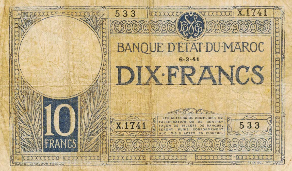 Front of Morocco p17b: 10 Francs from 1941