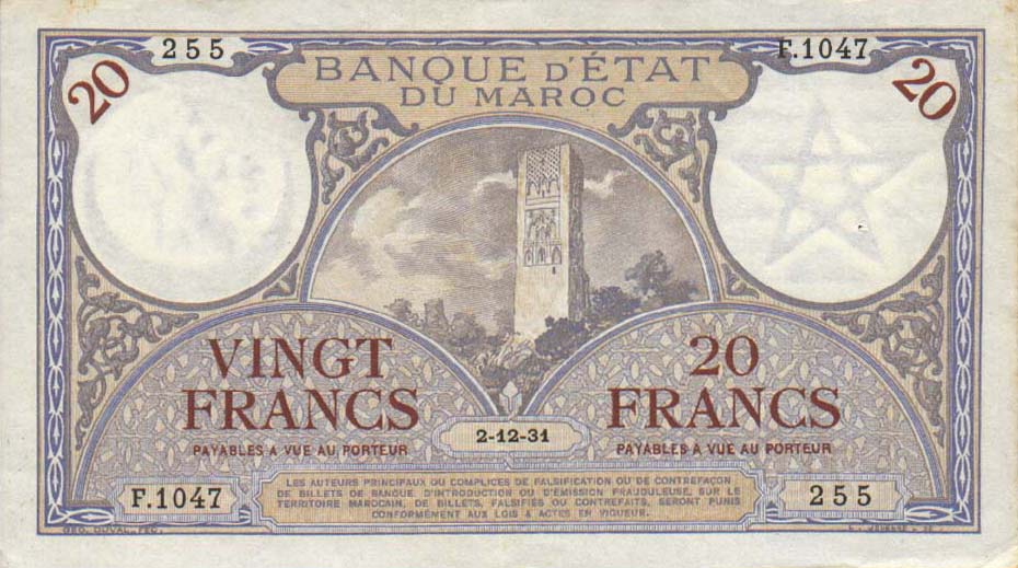 Front of Morocco p18a: 20 Francs from 1929