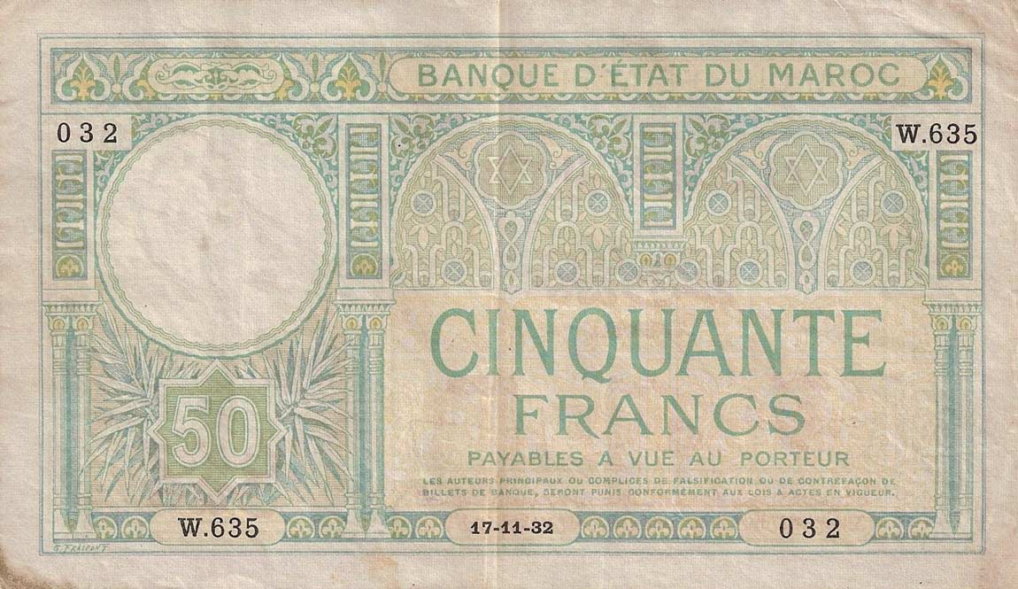 Front of Morocco p19a: 50 Francs from 1929
