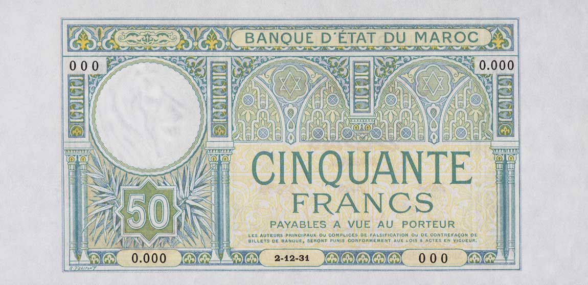 Front of Morocco p19s: 50 Francs from 1929
