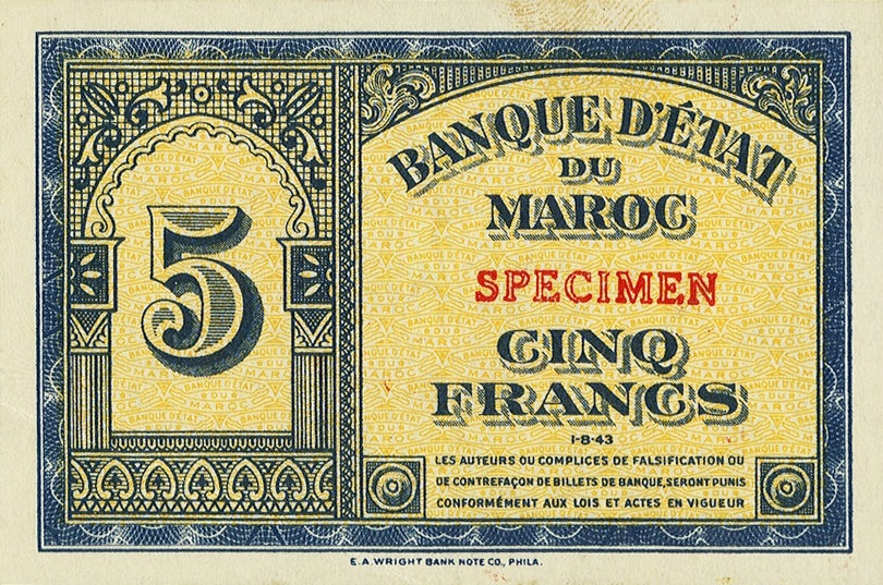 Front of Morocco p24s: 5 Francs from 1943
