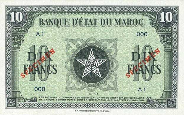 Front of Morocco p25s: 10 Francs from 1943