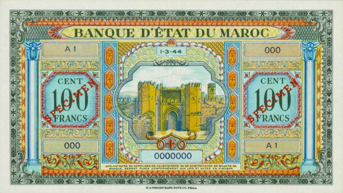 Front of Morocco p27s: 100 Francs from 1943