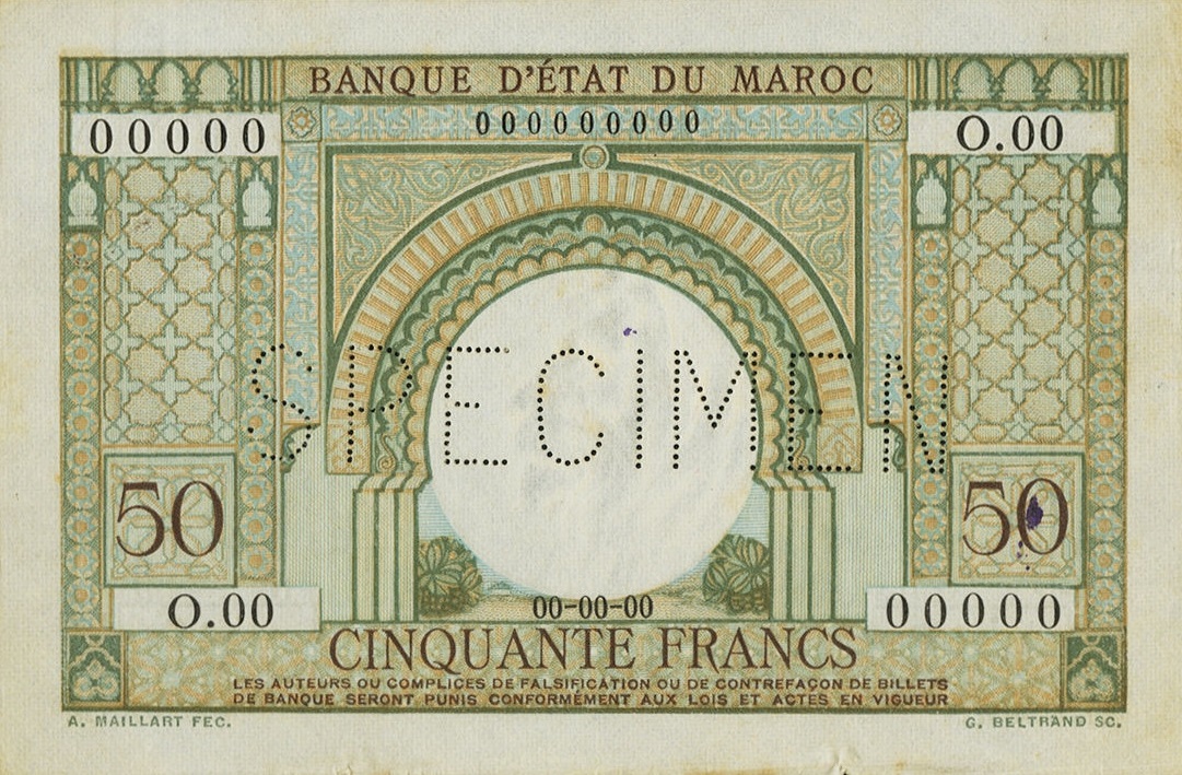 Front of Morocco p44s: 50 Francs from 1949