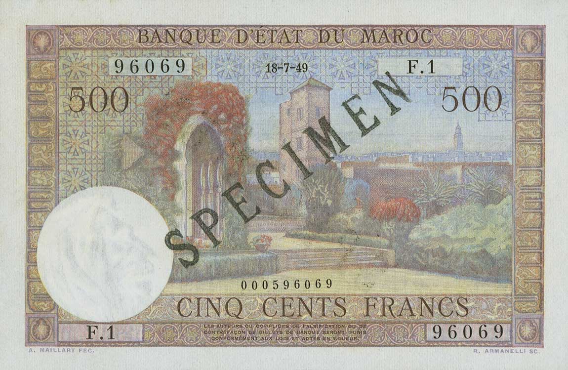 Front of Morocco p46s: 500 Francs from 1949