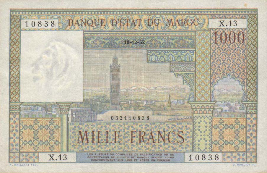 Front of Morocco p47a: 1000 Francs from 1951