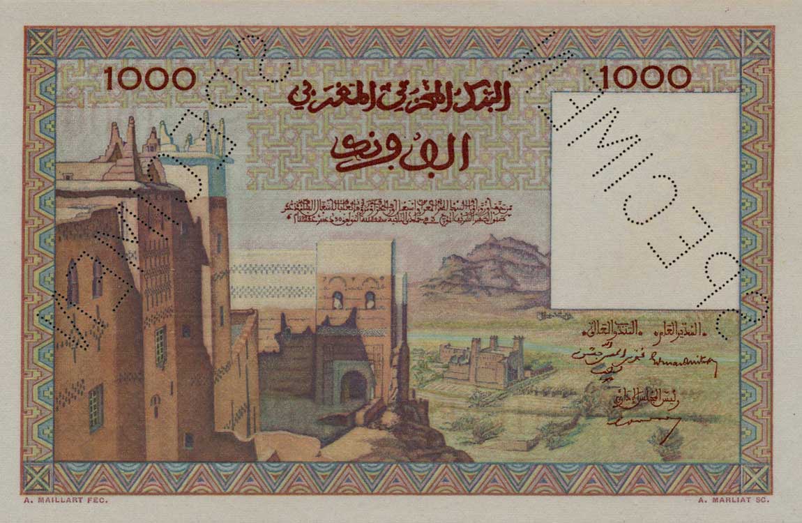 Back of Morocco p47s: 1000 Francs from 1951